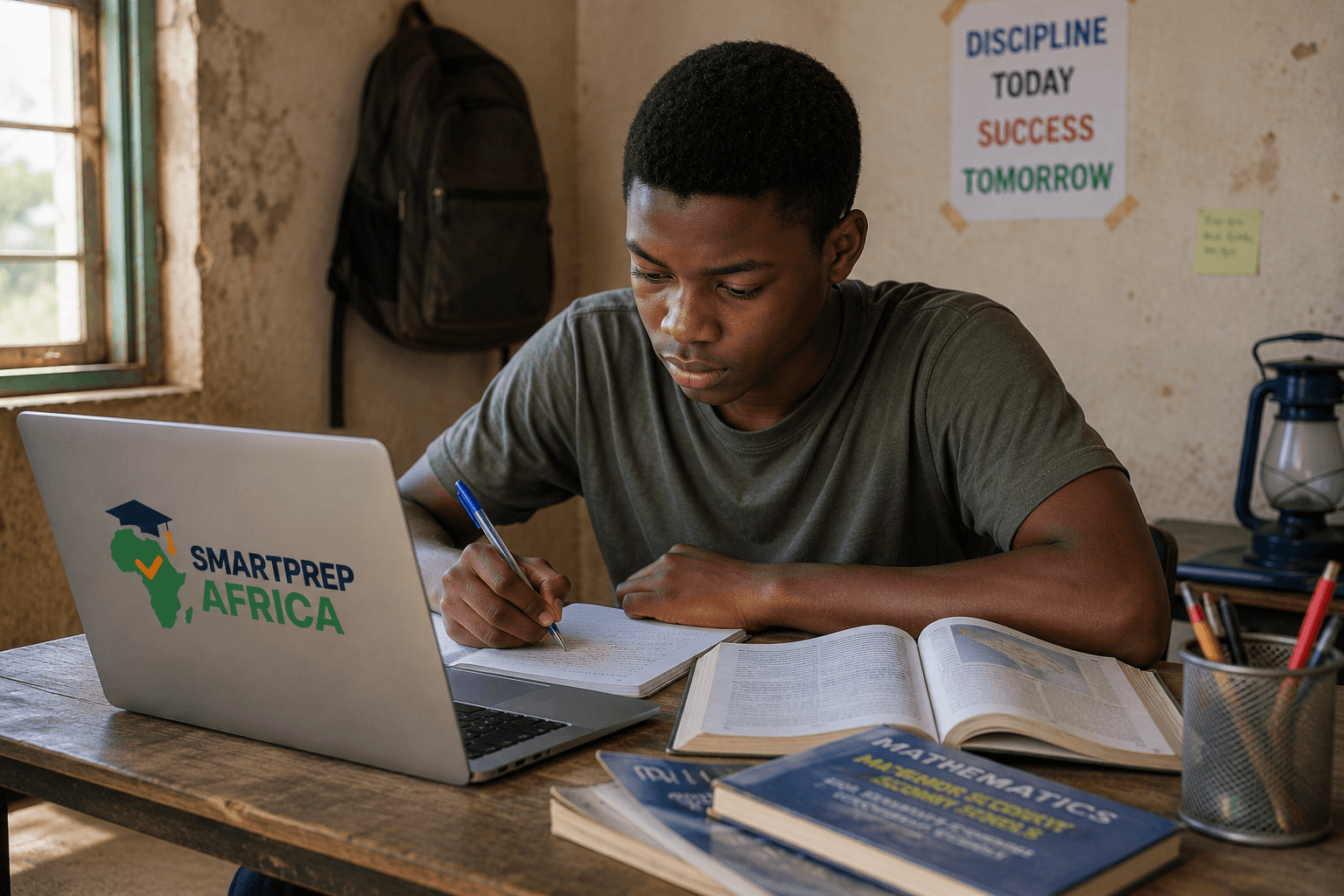 A student studying at a desk with an open notebook, textbooks, and a SmartPrepAfrica.com laptop sticker